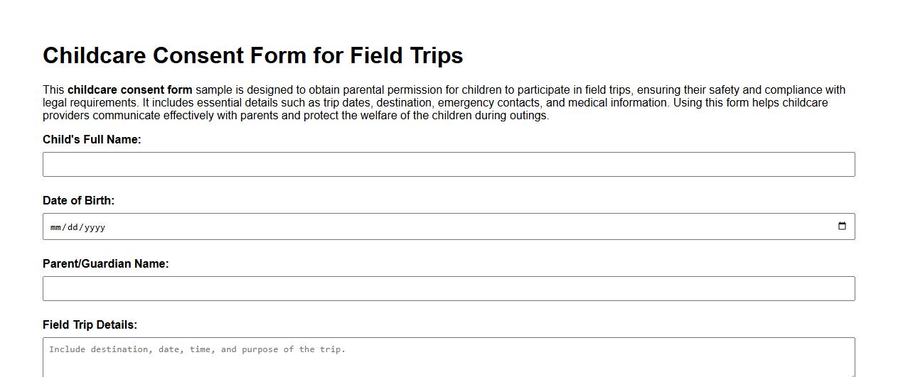 Childcare consent form sample for field trips image preview
