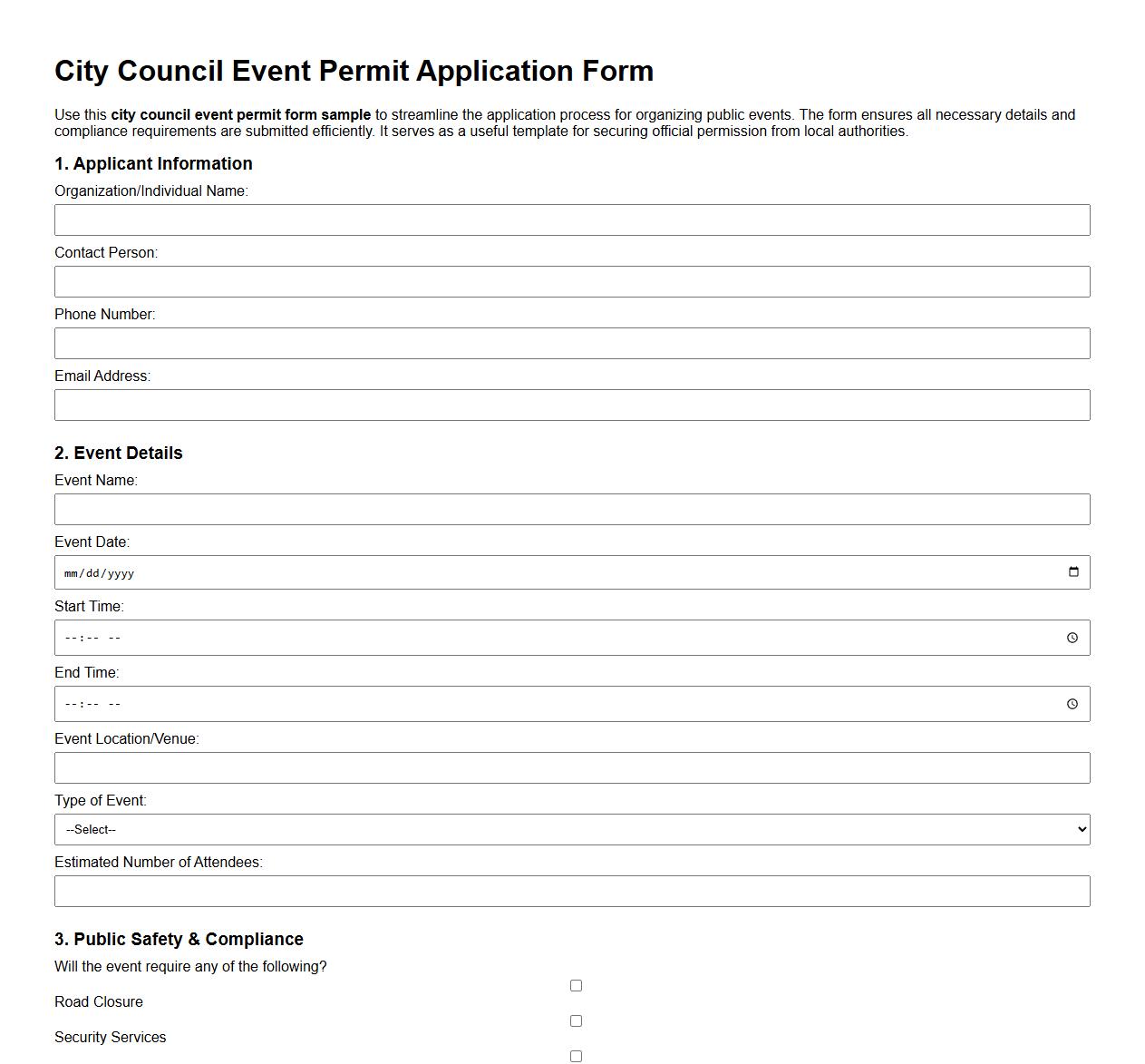 city council event permit form sample image preview