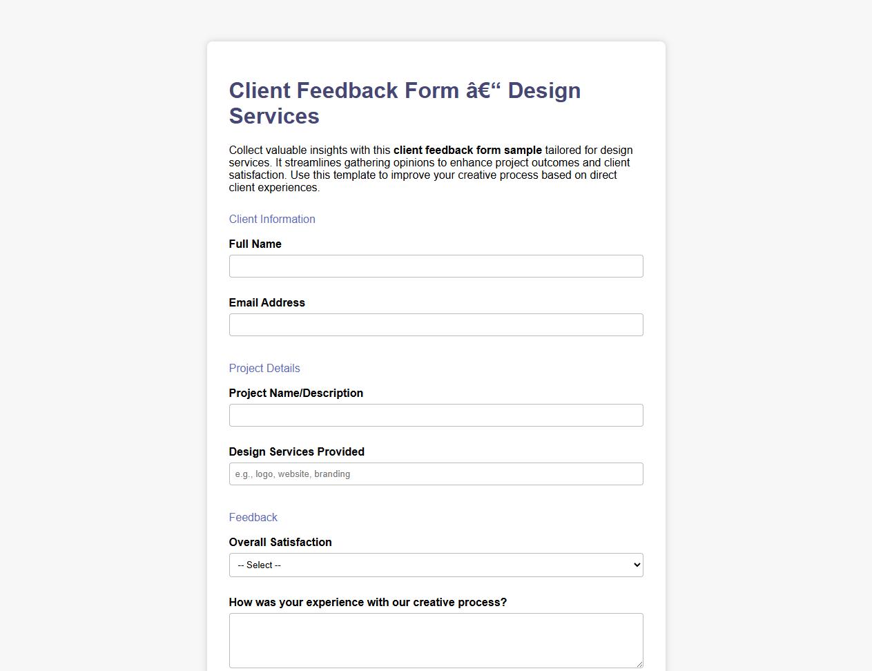 client feedback form sample for design services image preview