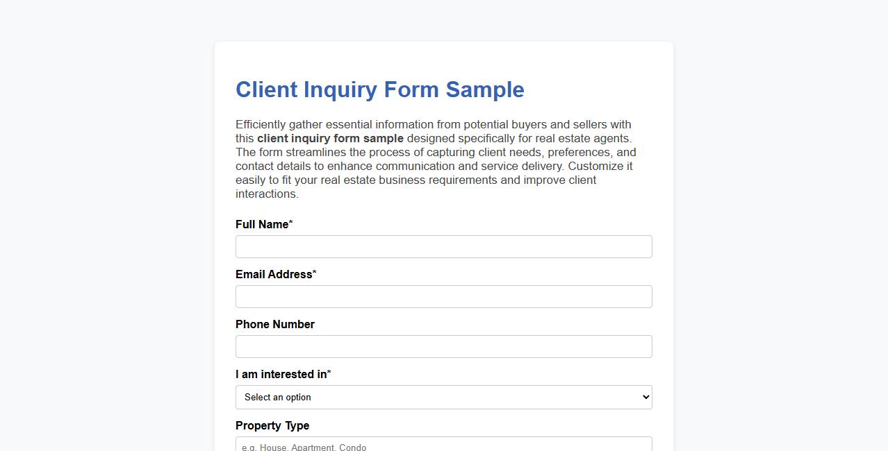 Client inquiry form sample for real estate agents image preview