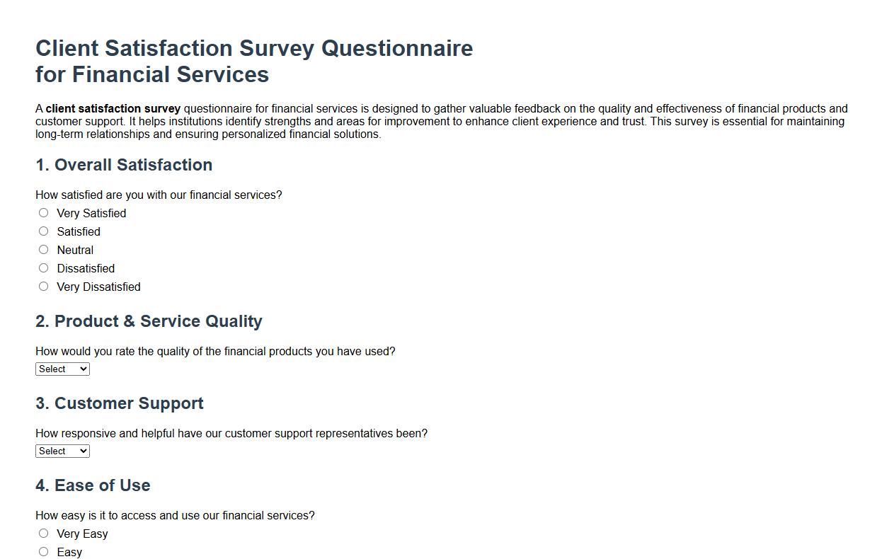 Client satisfaction survey questionnaire for financial services image preview