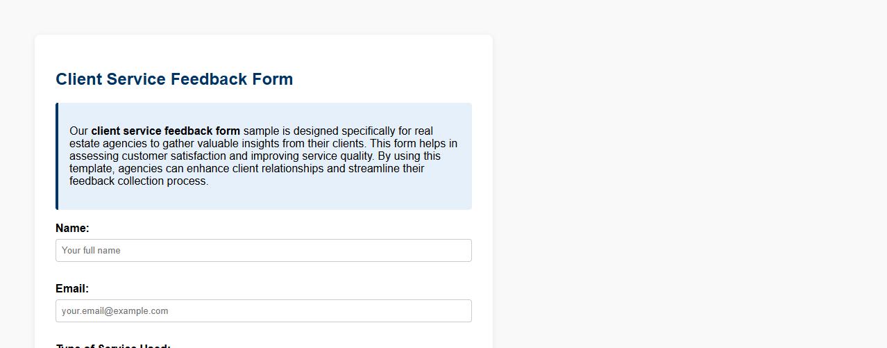 Client service feedback form sample for real estate agencies image preview
