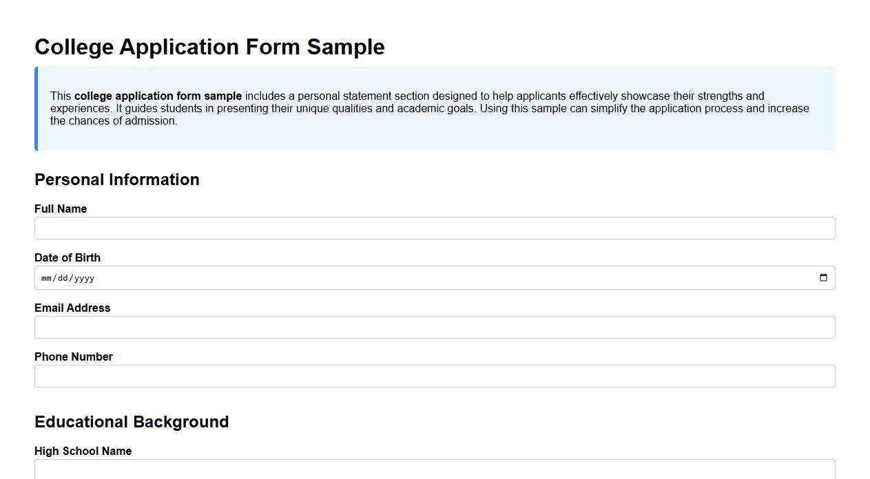 College application form sample with personal statement image preview