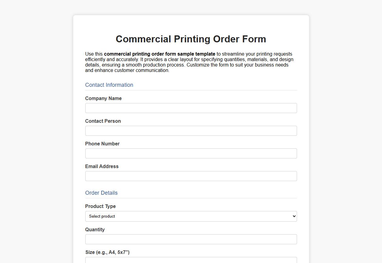Commercial printing order form sample template image preview