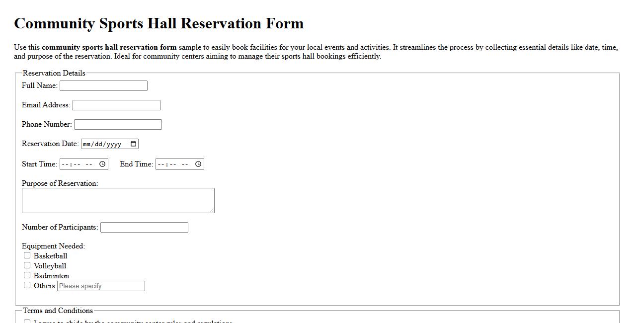community sports hall reservation form sample image preview