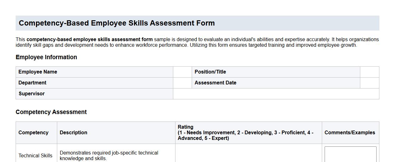 competency-based employee skills assessment form sample image preview