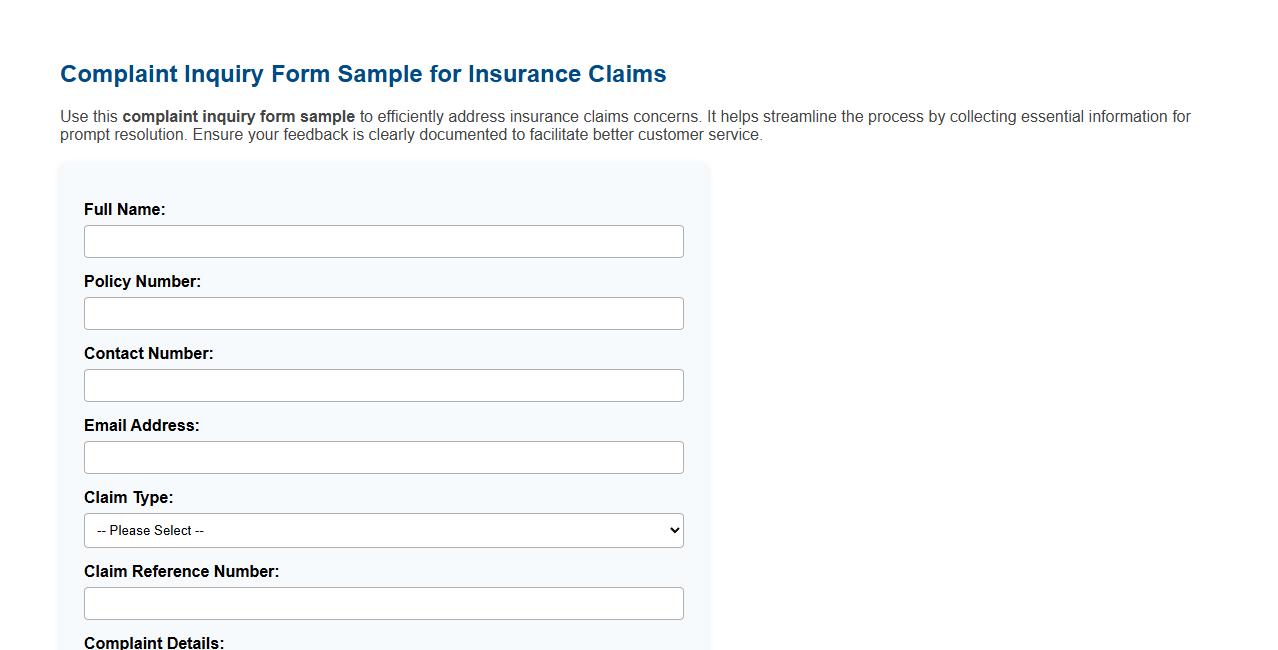 Complaint inquiry form sample for insurance claims image preview