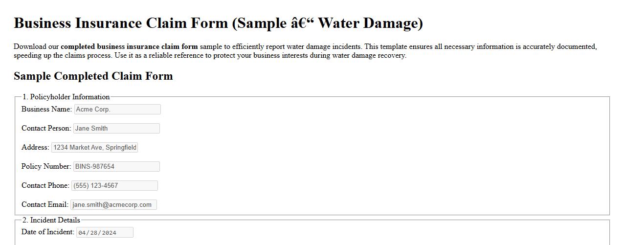 completed business insurance claim form sample for water damage image preview