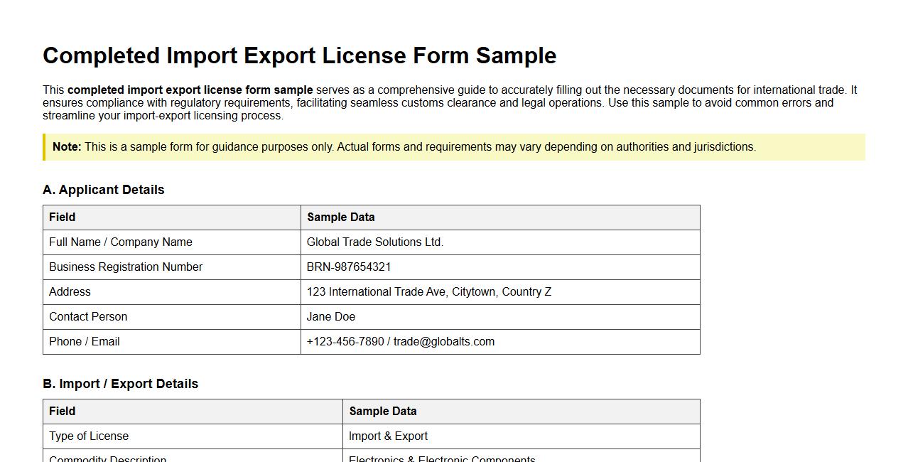 completed import export license form sample image preview