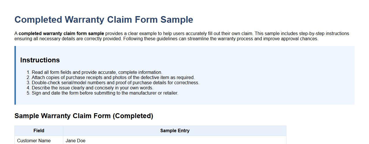 Completed warranty claim form sample with instructions image preview
