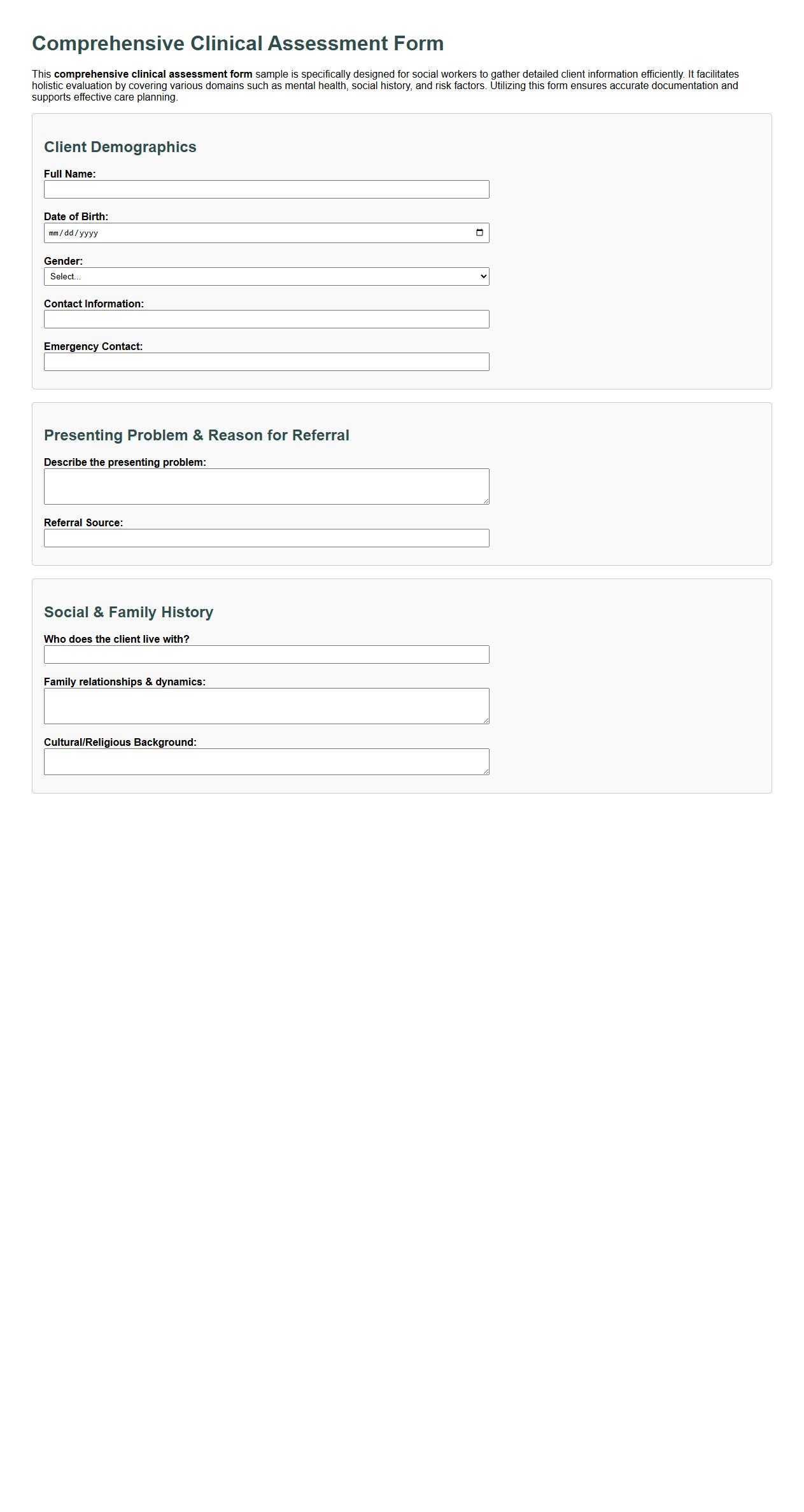 Comprehensive clinical assessment form sample for social workers image preview