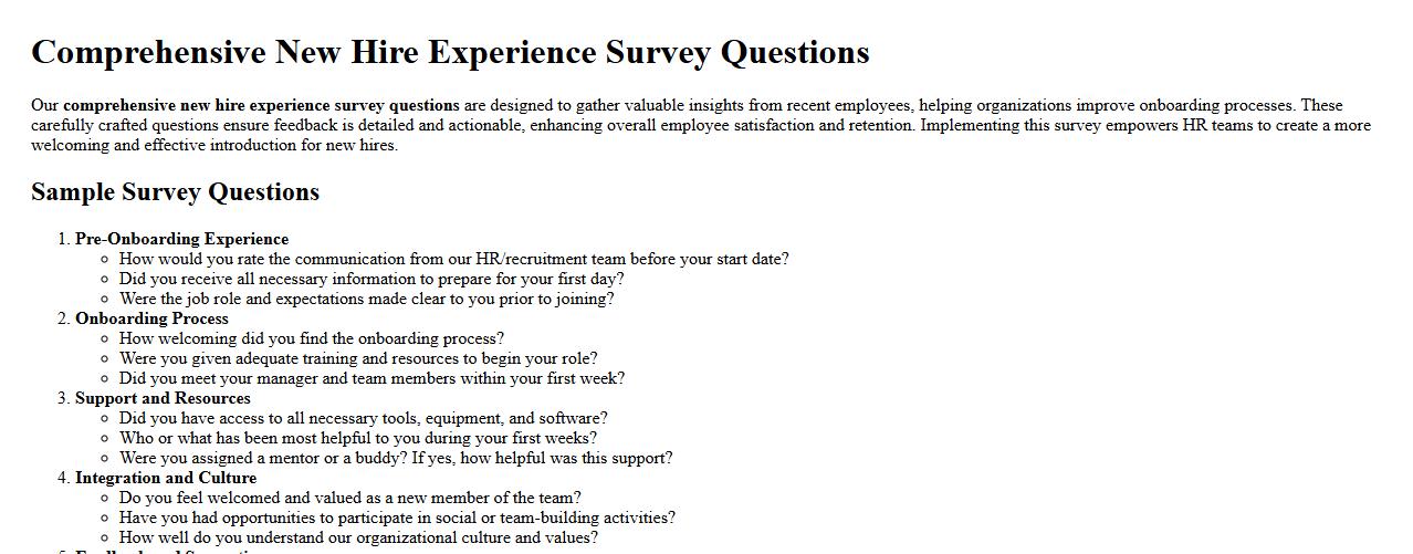 Comprehensive new hire experience survey questions image preview