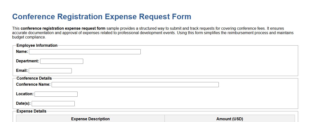 Conference registration expense request form sample image preview