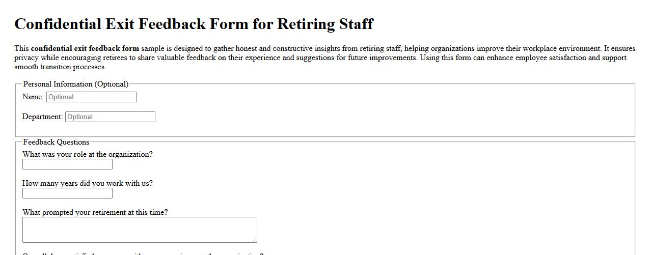 Confidential exit feedback form sample for retiring staff image preview