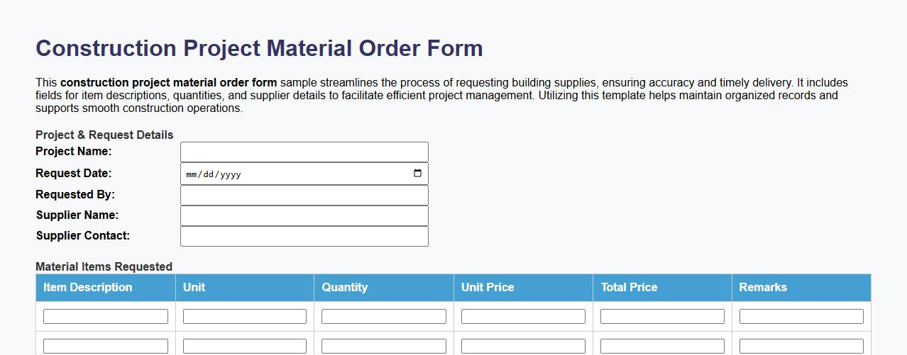construction project material order form sample image preview