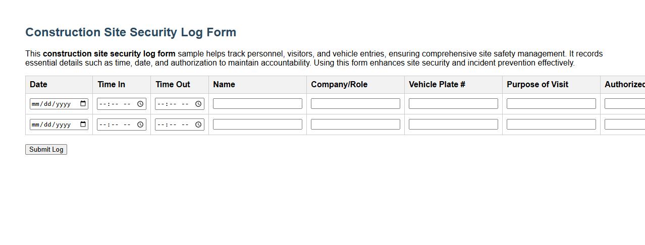 construction site security log form sample image preview