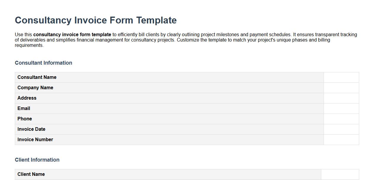consultancy invoice form template with project milestones image preview
