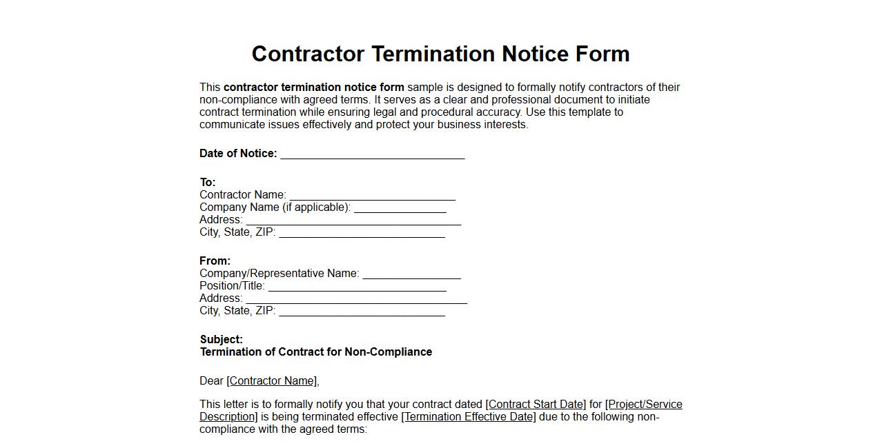 Contractor termination notice form sample for non-compliance image preview