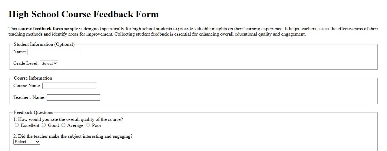 Course feedback form sample for high school image preview