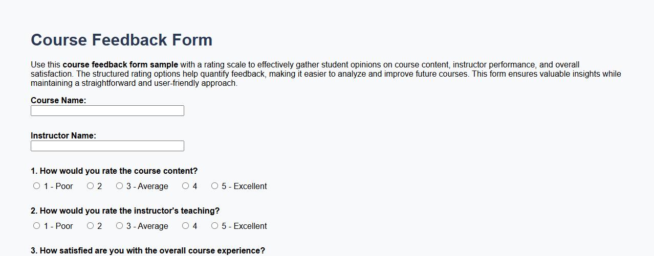 Course feedback form sample with rating scale image preview