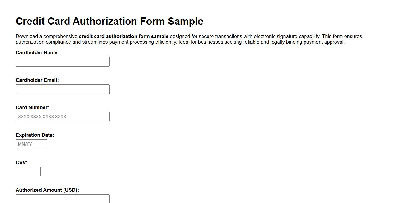 Credit card authorization form sample with electronic signature image preview