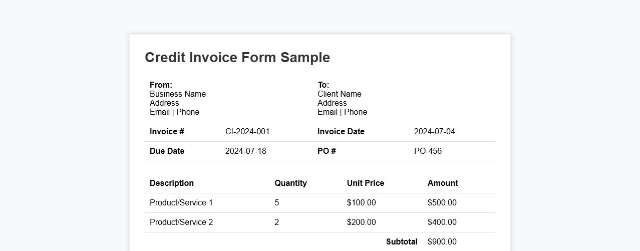 credit invoice form sample including payment terms image preview