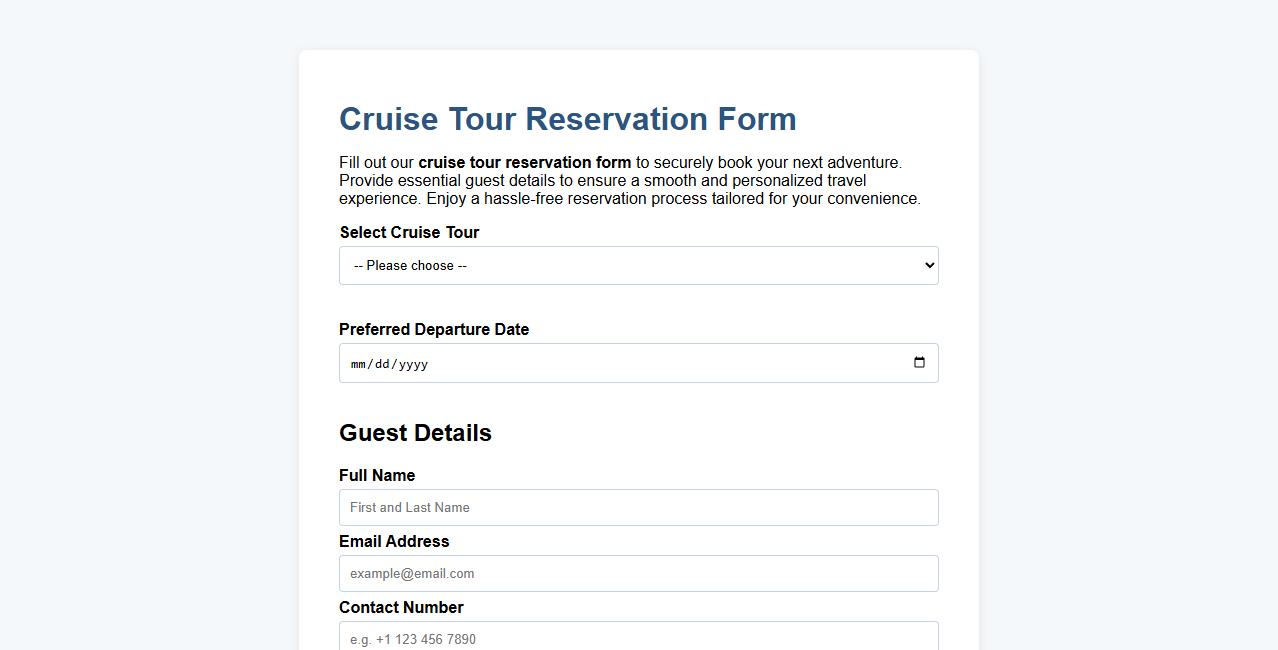 Cruise tour reservation form sample with guest details image preview