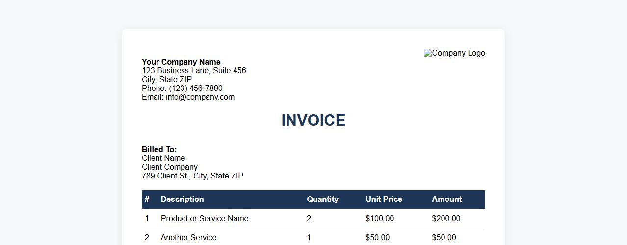 Custom invoice template with company logo image preview