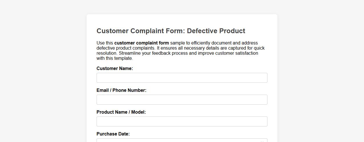 customer complaint form sample for defective product complaints image preview