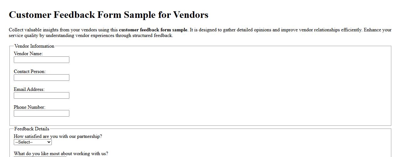 Customer feedback form sample for vendors image preview