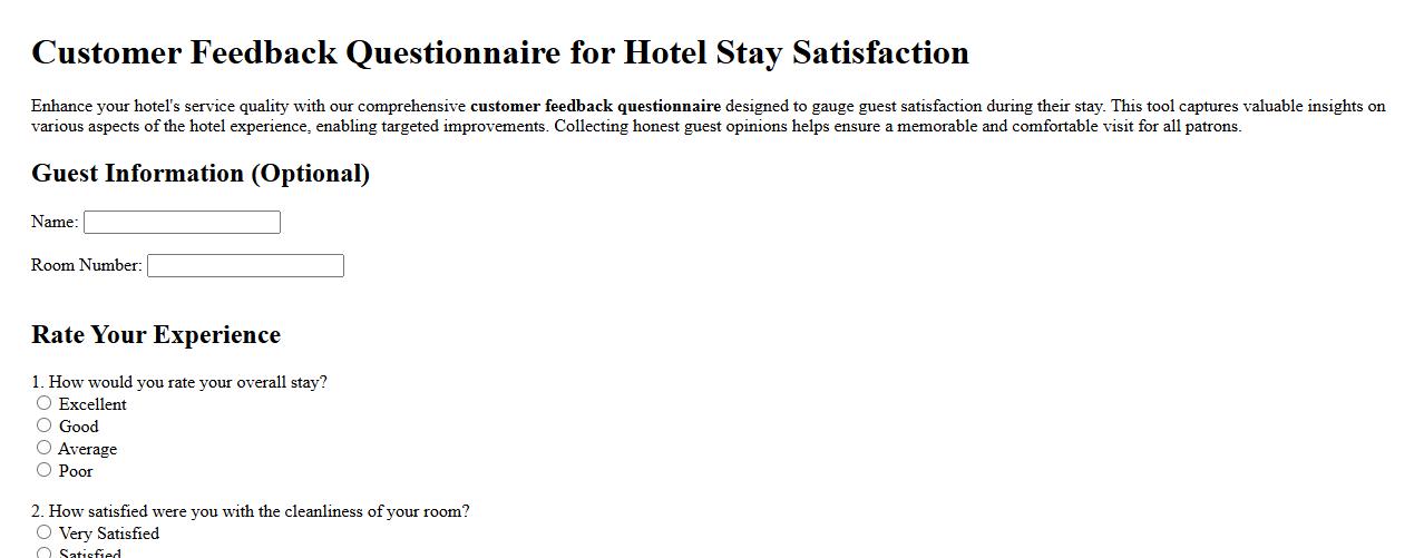 Customer feedback questionnaire for hotel stay satisfaction image preview