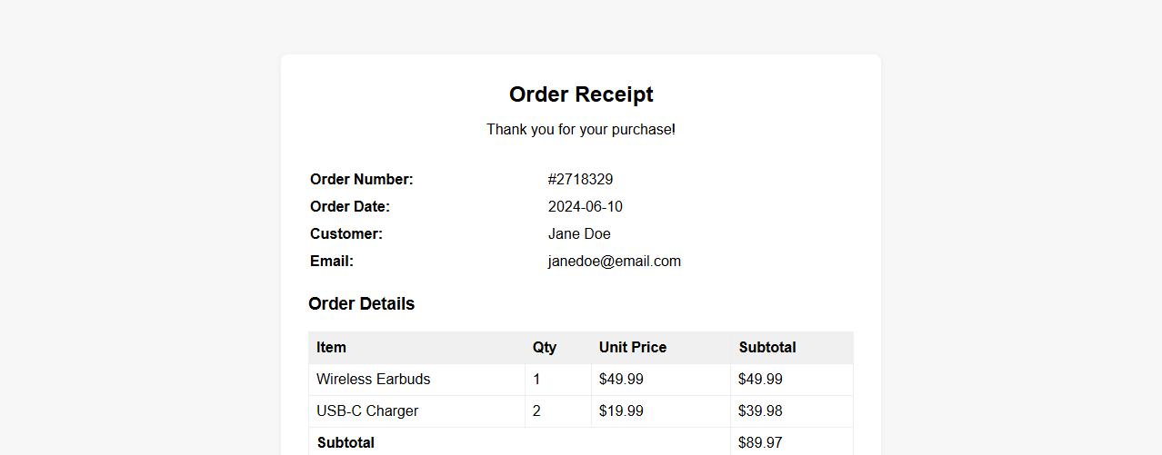 customer receipt for online purchases with tracking image preview