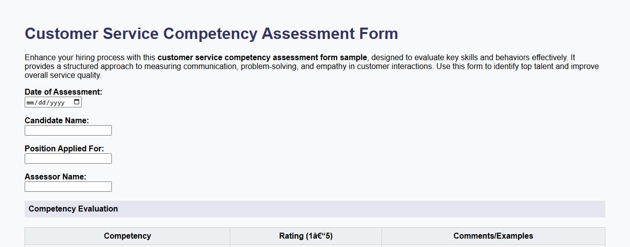 customer service competency assessment form sample image preview