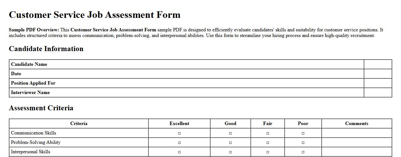 Customer service job assessment form sample PDF image preview