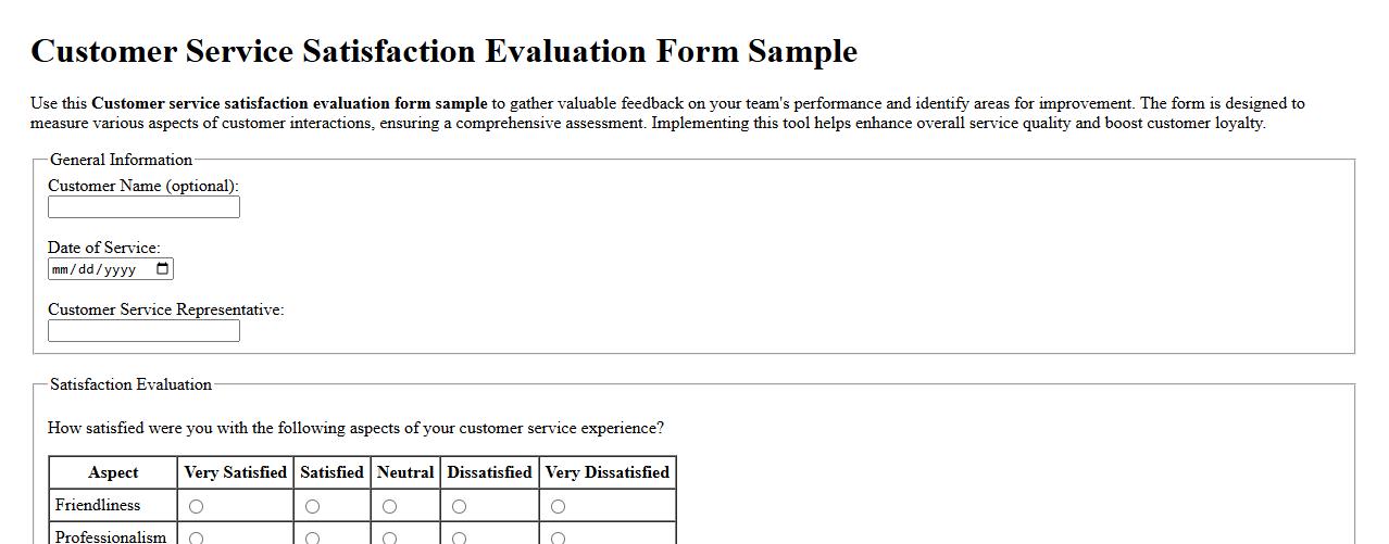Customer service satisfaction evaluation form sample image preview