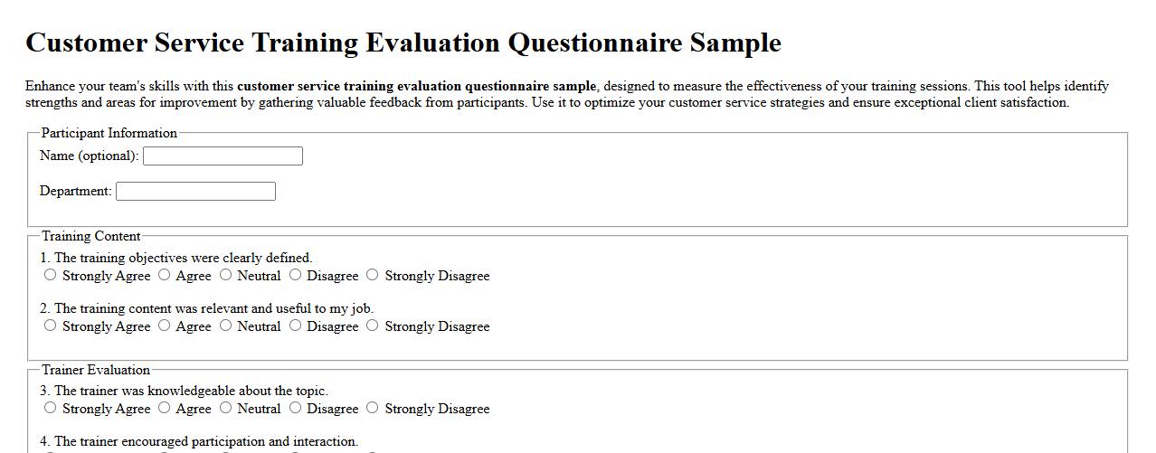 customer service training evaluation questionnaire sample image preview