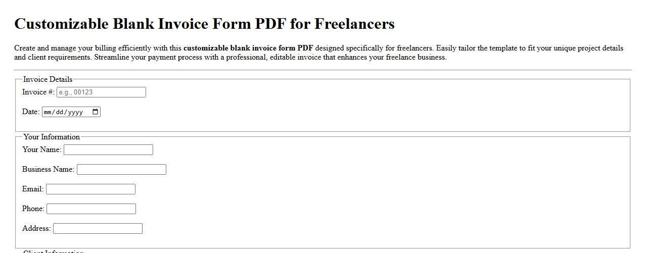 Customizable blank invoice form PDF for freelancers image preview