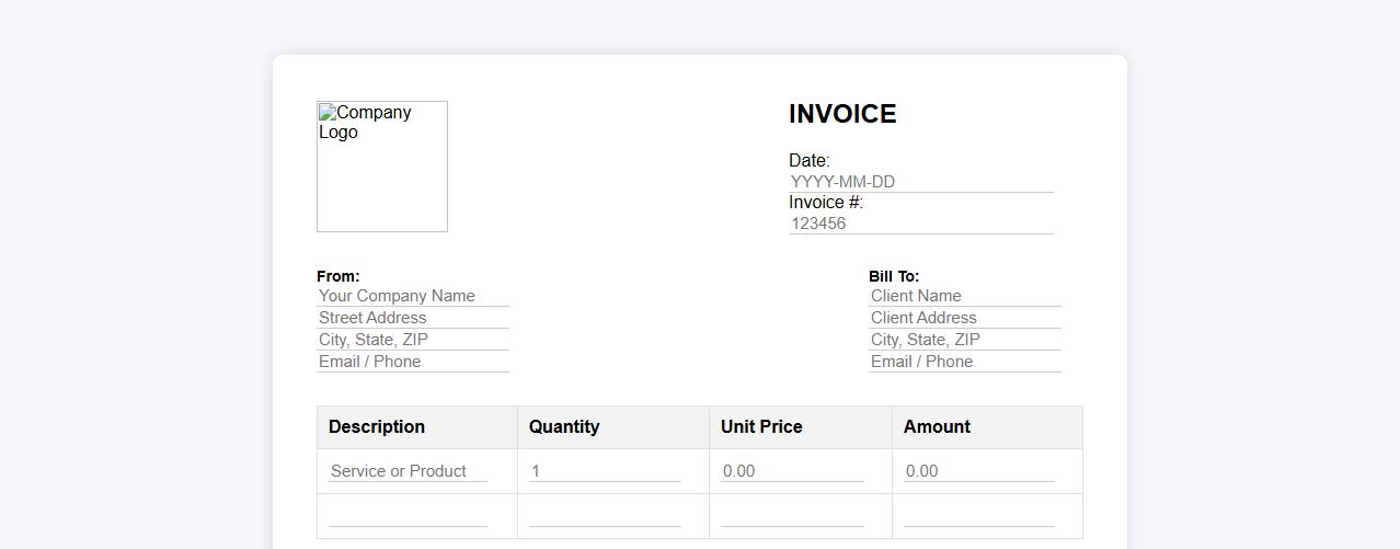 Customizable blank invoice form sample with logo image preview
