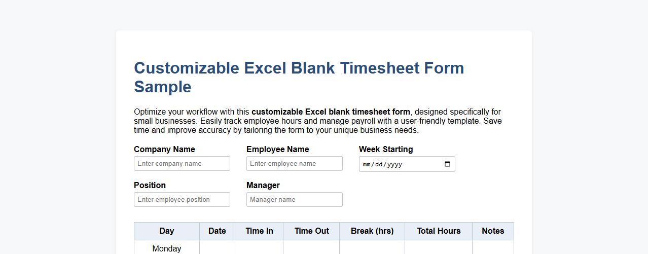 customizable Excel blank timesheet form sample for small businesses image preview