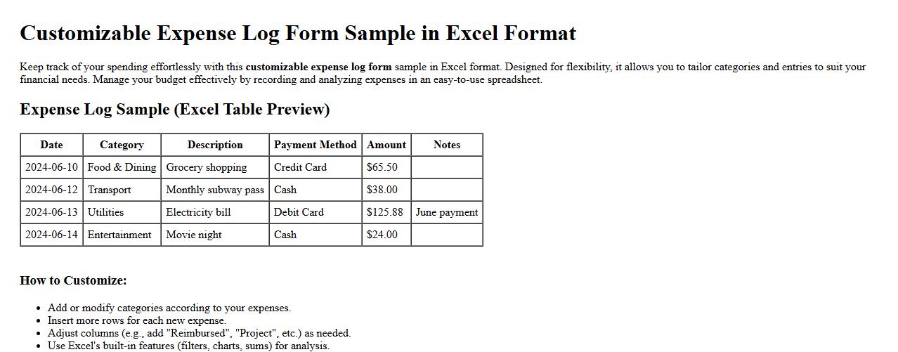customizable expense log form sample in excel format image preview