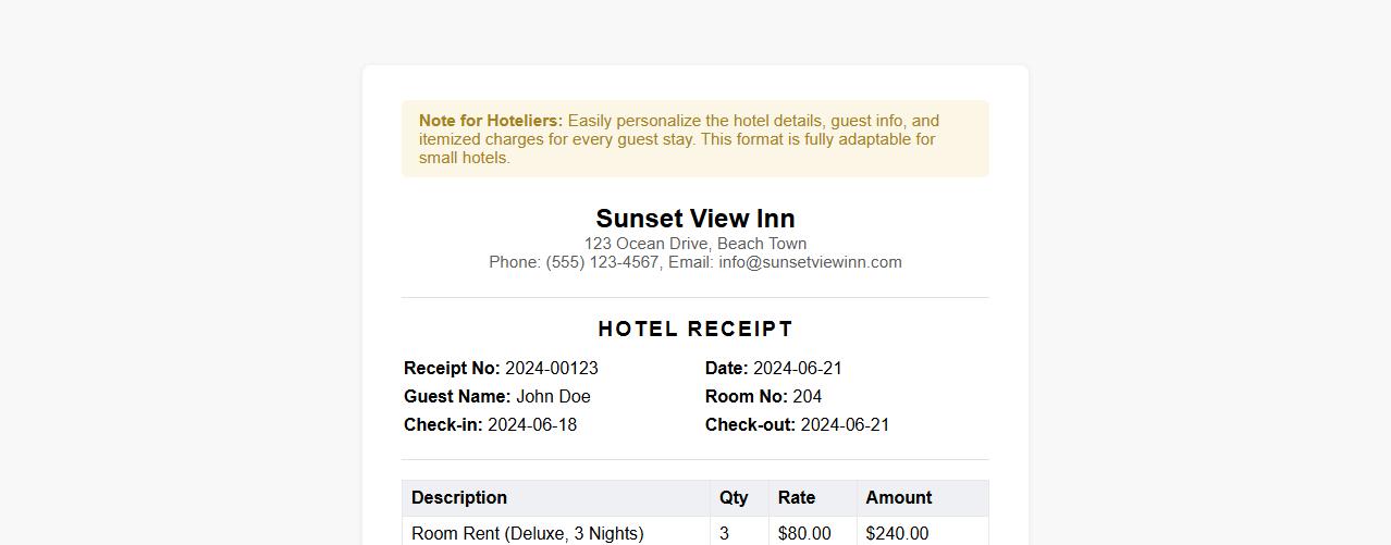 Customizable hotel receipt format for small hotels image preview