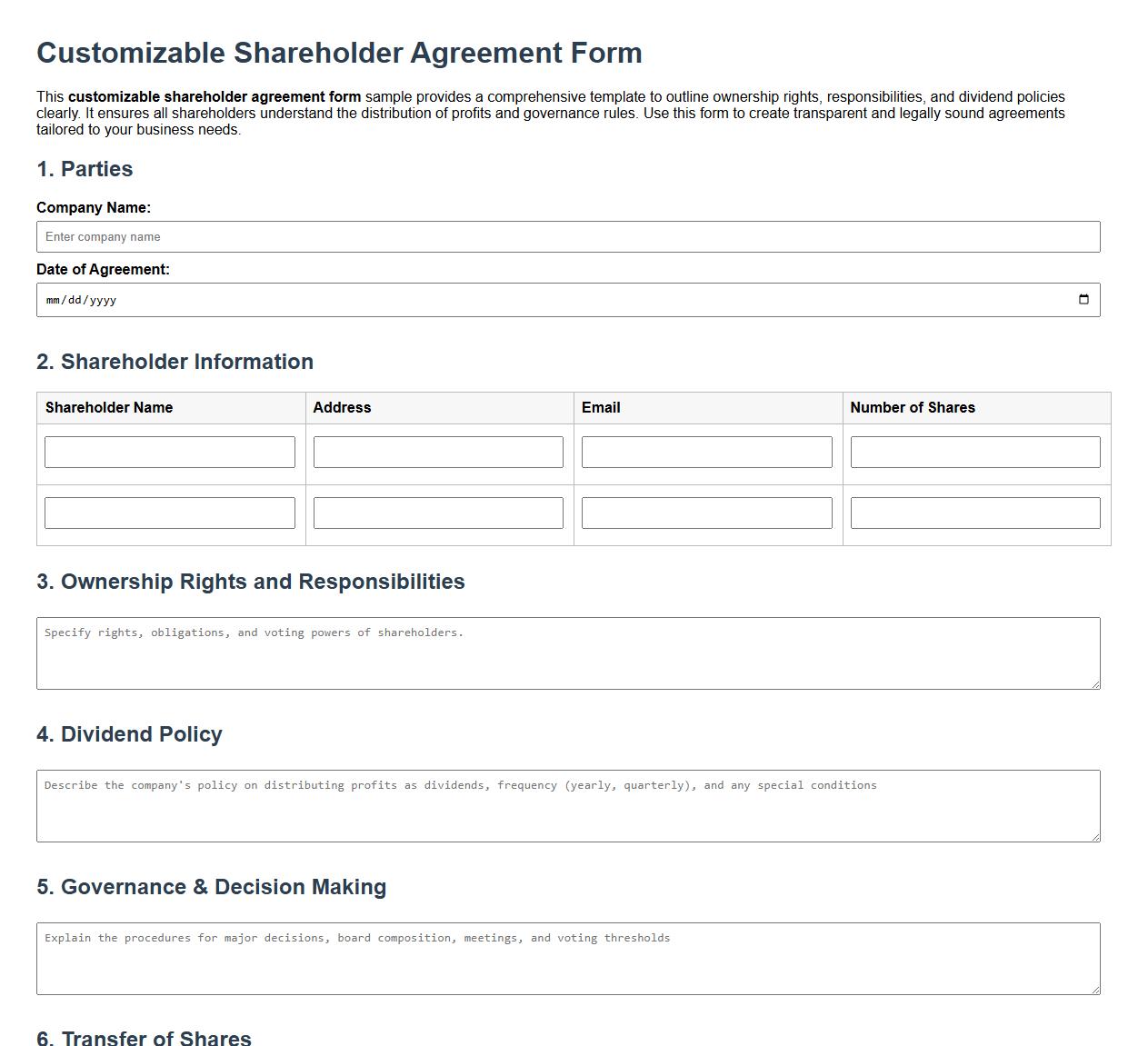 Customizable shareholder agreement form sample with dividend policy image preview