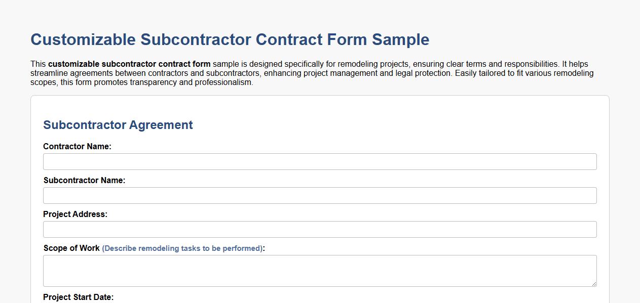 customizable subcontractor contract form sample for remodeling projects image preview