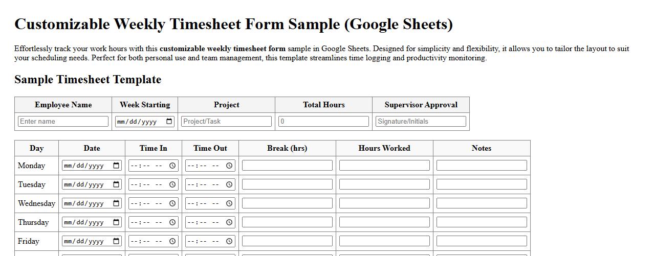 customizable weekly timesheet form sample Google Sheets image preview