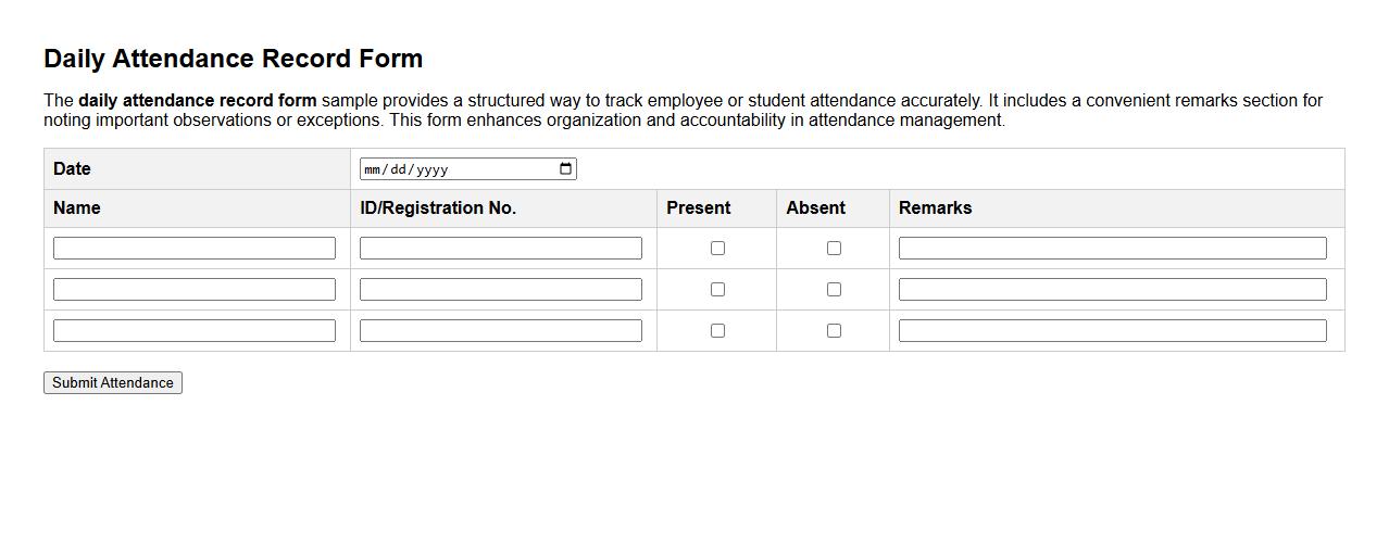 Daily attendance record form sample with remarks section image preview