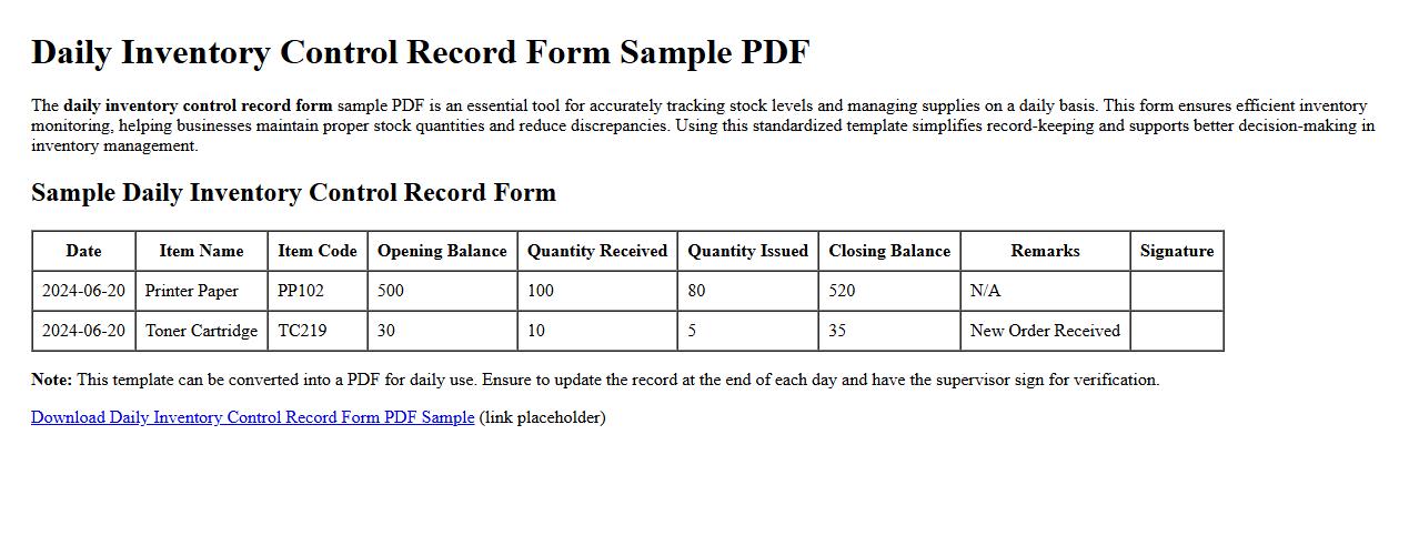 daily inventory control record form sample PDF image preview