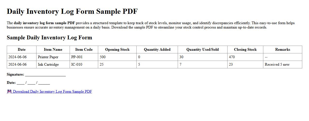 daily inventory log form sample pdf image preview