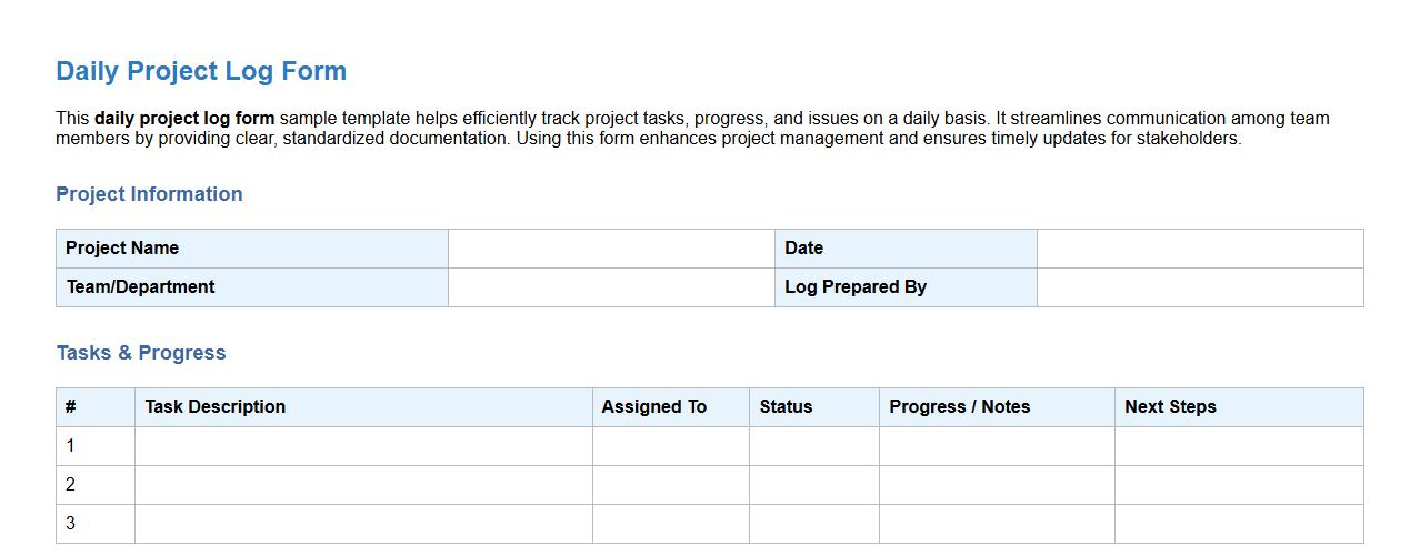 Daily project log form sample template image preview
