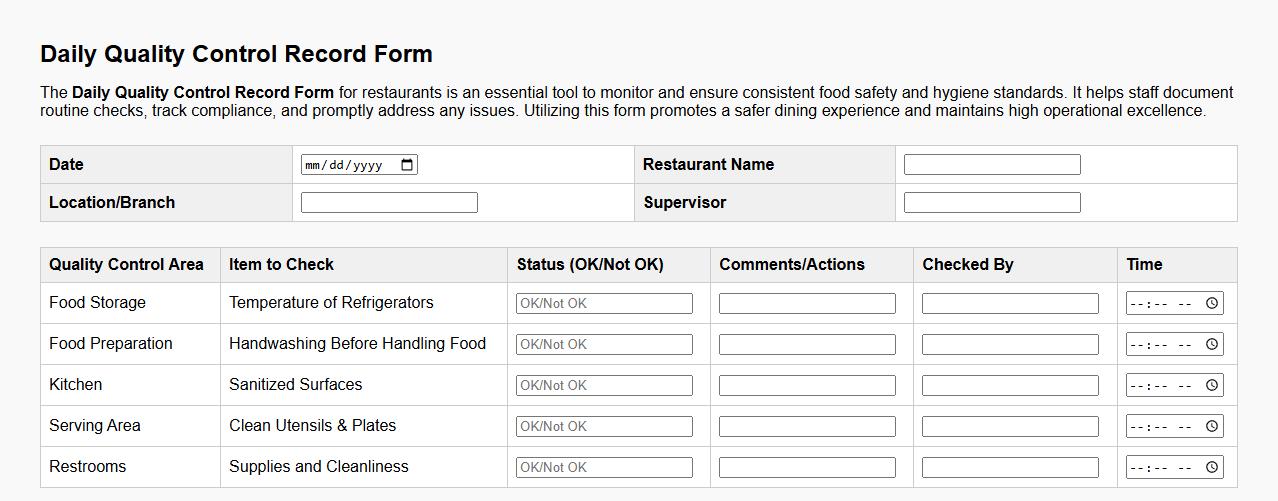 Daily quality control record form sample for restaurants image preview