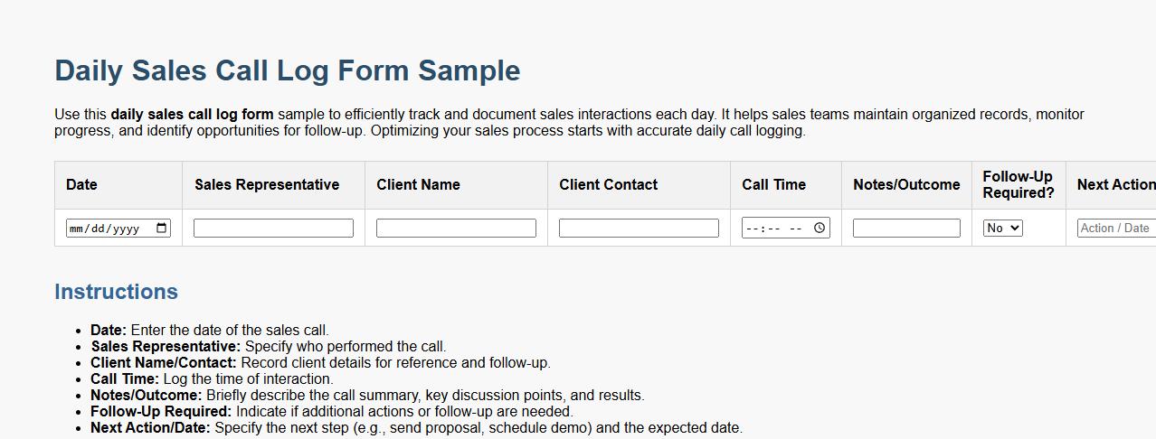 daily sales call log form sample image preview